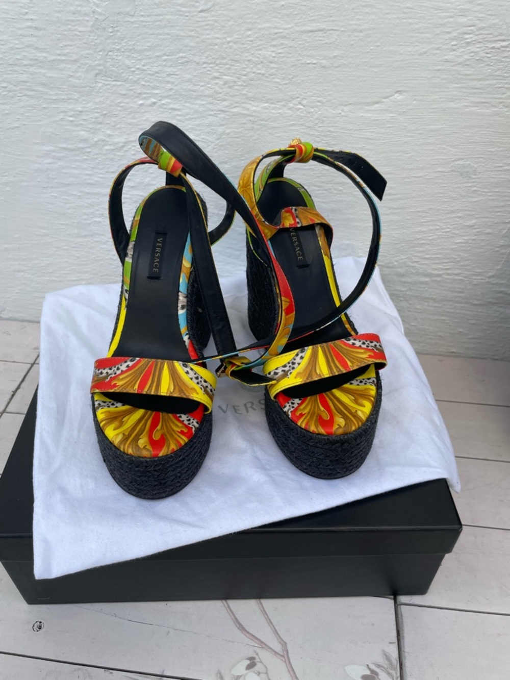 Versace Multicolor Strap Black Braided Wedge Sandals